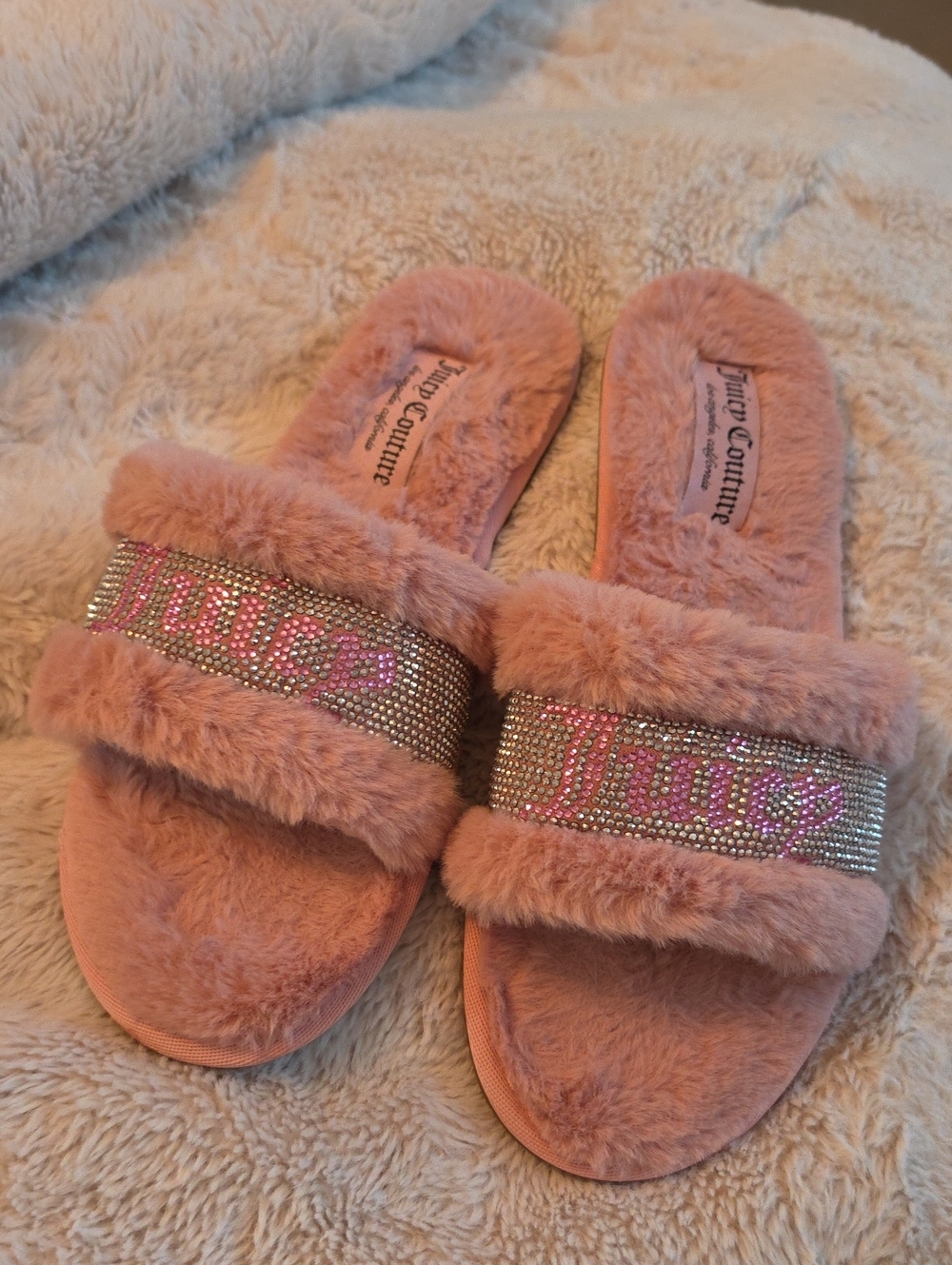 Juicy Couture Pink Faux-Fur Rhinestone Logo Slide Slippers